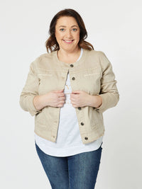 THREADZ_COLLARLESS DENIM JACKET NATURAL _ COLLARLESS DENIM JACKET NATURAL _ Ebony Boutique NZ