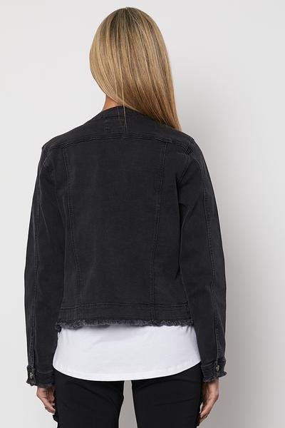 Collarless black denim on sale jacket