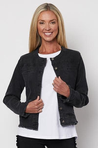 THREADZ_COLLARLESS DENIM JACKET WASHED BLACK _ COLLARLESS DENIM JACKET WASHED BLACK _ Ebony Boutique NZ