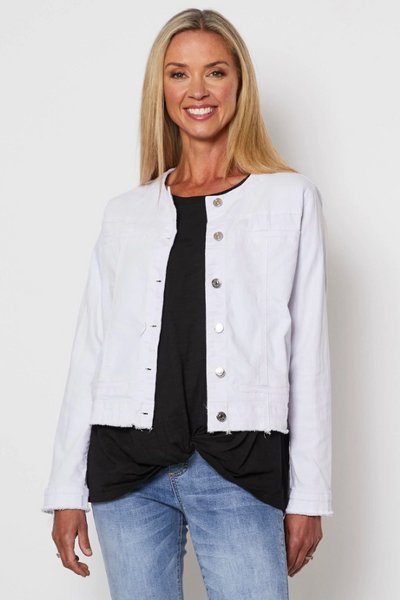 THREADZ_COLLARLESS DENIM JACKET WHITE _ COLLARLESS DENIM JACKET WHITE _ Ebony Boutique NZ