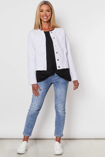 THREADZ_COLLARLESS DENIM JACKET WHITE _ COLLARLESS DENIM JACKET WHITE _ Ebony Boutique NZ