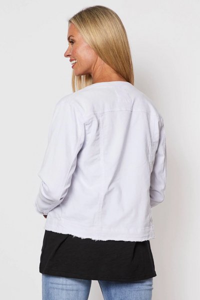 THREADZ_COLLARLESS DENIM JACKET WHITE _ COLLARLESS DENIM JACKET WHITE _ Ebony Boutique NZ