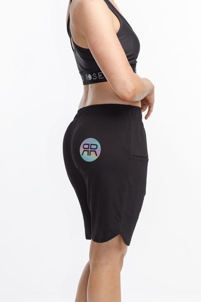 ROSE ROAD_UNWINDER SHORTS BLACK WITH REFLECTIVE RR LOGO PRINT _ _ Ebony Boutique NZ