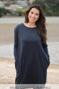 EBONY_WOMENS 100% MERINO WOOL (210) LONG SLEEVE WAIST DETAIL TUNIC DRESS _ _ Ebony Boutique NZ