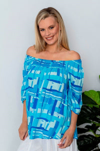 WILLOW TREE_ABSTRACT PRINT VISCOSE SHIRRED NECK TOP _ ABSTRACT PRINT VISCOSE SHIRRED NECK TOP _ Ebony Boutique NZ