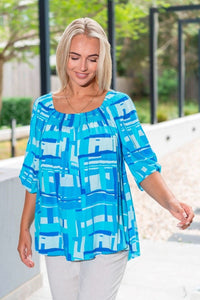 WILLOW TREE_ABSTRACT PRINT VISCOSE SHIRRED NECK TOP _ ABSTRACT PRINT VISCOSE SHIRRED NECK TOP _ Ebony Boutique NZ
