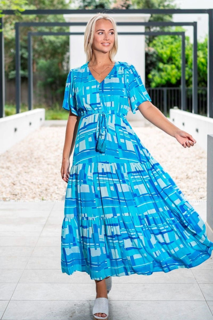 WILLOW TREE_ABSTRACT PRINT VISCOSE TIER DRESS _ ABSTRACT PRINT VISCOSE TIER DRESS _ Ebony Boutique NZ