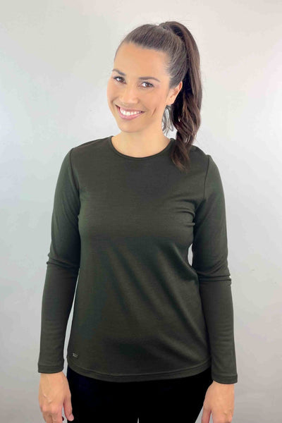 EBONY_WOMENS 100% MERINO (210) LONG SLEEVE CREW TOP OLIVE _ _ Ebony Boutique NZ