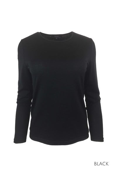 EBONY_WOMENS 100% MERINO (210) LONG SLEEVE CREW TOP BLACK _ _ Ebony Boutique NZ