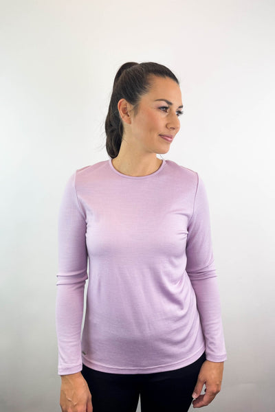 EBONY_WOMENS 100% MERINO (210) LONG SLEEVE CREW TOP LILAC _ _ Ebony Boutique NZ