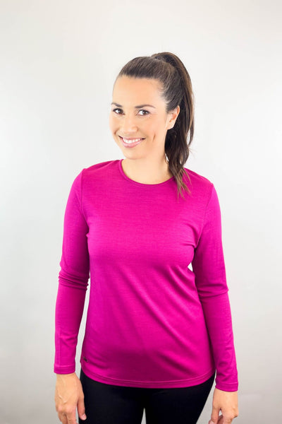 EBONY_WOMENS 100% MERINO (210) LONG SLEEVE CREW TOP RASPBERRY _ _ Ebony Boutique NZ