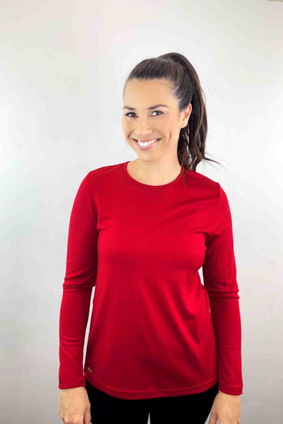 EBONY_WOMENS 100% MERINO (210) LONG SLEEVE CREW TOP RUBY _ _ Ebony Boutique NZ