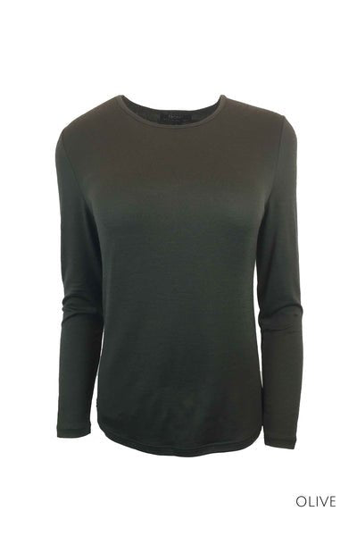 EBONY_WOMENS 100% MERINO (210) LONG SLEEVE CREW TOP OLIVE _ _ Ebony Boutique NZ