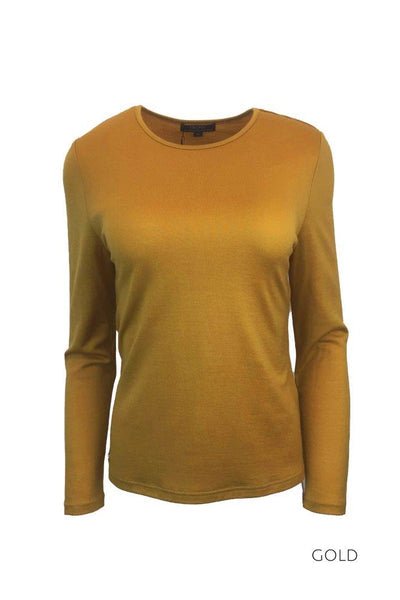 EBONY_WOMENS 100% MERINO (210) LONG SLEEVE CREW TOP GOLD _ _ Ebony Boutique NZ