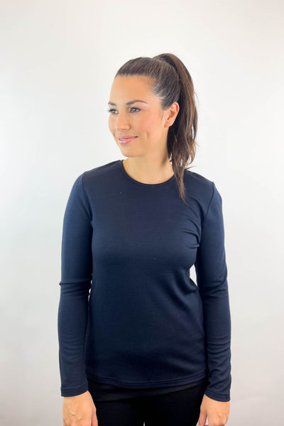 EBONY_WOMENS 100% MERINO (210) LONG SLEEVE CREW TOP FRENCH NAVY _ _ Ebony Boutique NZ