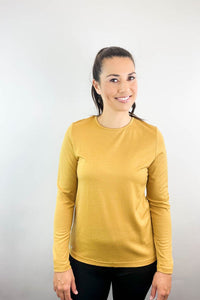 EBONY_WOMENS 100% MERINO (210) LONG SLEEVE CREW TOP GOLD _ _ Ebony Boutique NZ