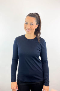 EBONY_WOMENS 100% MERINO (210) LONG SLEEVE CREW TOP FRENCH NAVY _ _ Ebony Boutique NZ