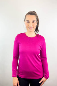 EBONY_WOMENS 100% MERINO (210) LONG SLEEVE CREW TOP RASPBERRY _ _ Ebony Boutique NZ