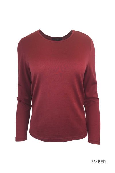 EBONY_WOMENS 100% MERINO (210) LONG SLEEVE CREW TOP EMBER _ _ Ebony Boutique NZ