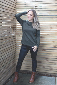 EBONY_WOMENS 100% MERINO (210) LONG SLEEVE CREW TOP OLIVE _ _ Ebony Boutique NZ