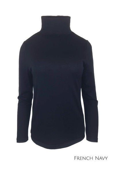 EBONY_WOMENS 100% MERINO (210) LONG SLEEVE HIGH NECK TOP FRENCH NAVY _ _ Ebony Boutique NZ