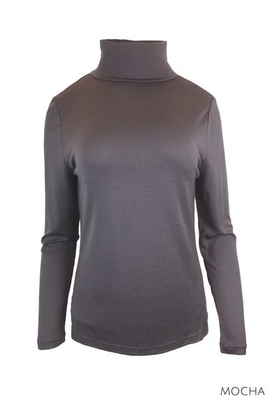 EBONY_WOMENS 100% MERINO (210) LONG SLEEVE HIGH NECK TOP MOCHA _ _ Ebony Boutique NZ