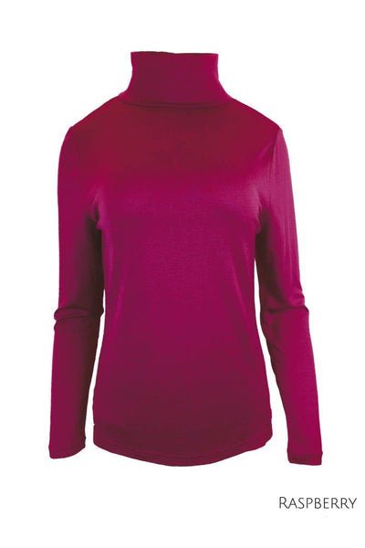 EBONY_WOMENS 100% MERINO (210) LONG SLEEVE HIGH NECK TOP RASPBERRY _ _ Ebony Boutique NZ