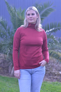 EBONY_WOMENS 100% MERINO (210) LONG SLEEVE HIGH NECK TOP EMBER _ _ Ebony Boutique NZ