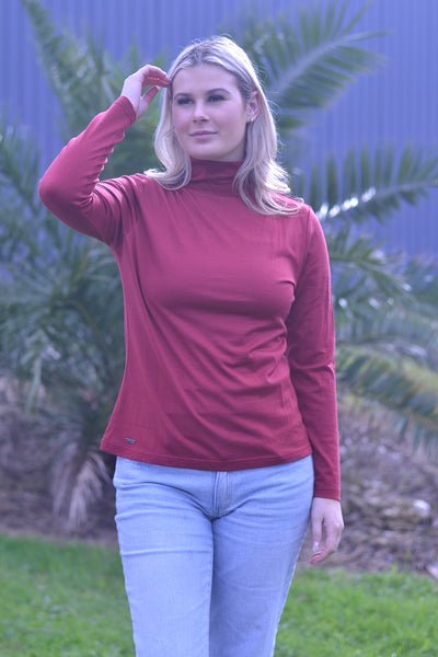 EBONY_WOMENS 100% MERINO (210) LONG SLEEVE HIGH NECK TOP EMBER _ _ Ebony Boutique NZ