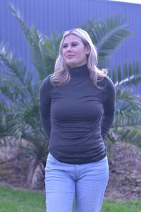 EBONY_WOMENS 100% MERINO (210) LONG SLEEVE HIGH NECK TOP OLIVE _ _ Ebony Boutique NZ