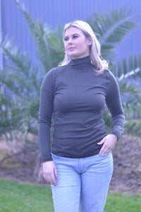 EBONY_WOMENS 100% MERINO (210) LONG SLEEVE HIGH NECK TOP OLIVE _ _ Ebony Boutique NZ