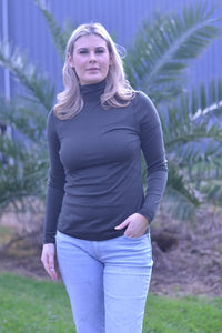 EBONY_WOMENS 100% MERINO (210) LONG SLEEVE HIGH NECK TOP OLIVE _ _ Ebony Boutique NZ