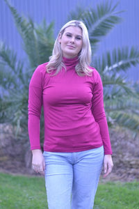 EBONY_WOMENS 100% MERINO (210) LONG SLEEVE HIGH NECK TOP RASPBERRY _ _ Ebony Boutique NZ