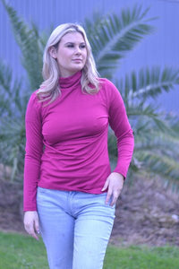 EBONY_WOMENS 100% MERINO (210) LONG SLEEVE HIGH NECK TOP RASPBERRY _ _ Ebony Boutique NZ