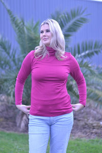 EBONY_WOMENS 100% MERINO (210) LONG SLEEVE HIGH NECK TOP RASPBERRY _ _ Ebony Boutique NZ
