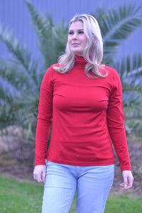 EBONY_WOMENS 100% MERINO (210) LONG SLEEVE HIGH NECK TOP RUBY _ _ Ebony Boutique NZ