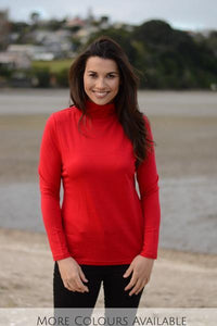 EBONY_WOMENS 100% MERINO (210) LONG SLEEVE HIGH NECK TOP RUBY _ _ Ebony Boutique NZ