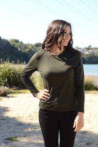 EBONY_WOMENS 100% MERINO (210) LONG SLEEVE SATIN CREW TOP OLIVE _ _ Ebony Boutique NZ