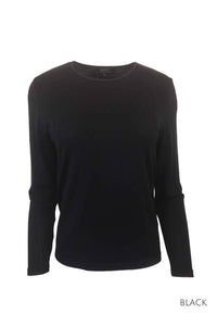 EBONY_WOMENS 100% MERINO (210) LONG SLEEVE SATIN CREW TOP BLACK _ _ Ebony Boutique NZ