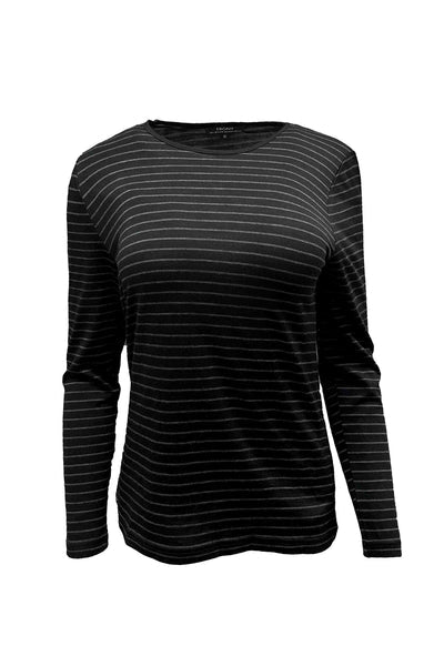 EBONY_WOMENS 100% MERINO (210) LONG SLEEVE SATIN CREW TOP STRIPE _ _ Ebony Boutique NZ
