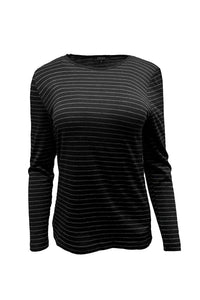 EBONY_WOMENS 100% MERINO (210) LONG SLEEVE SATIN CREW TOP STRIPE _ _ Ebony Boutique NZ
