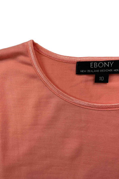 EBONY_WOMENS 100% MERINO (210) LONG SLEEVE SATIN CREW TOP MELON _ _ Ebony Boutique NZ