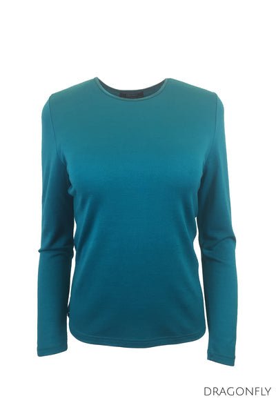 EBONY_WOMENS 100% MERINO (210) LONG SLEEVE SATIN CREW TOP DRAGONFLY _ _ Ebony Boutique NZ