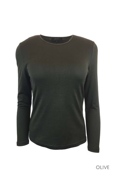 EBONY_WOMENS 100% MERINO (210) LONG SLEEVE SATIN CREW TOP OLIVE _ _ Ebony Boutique NZ