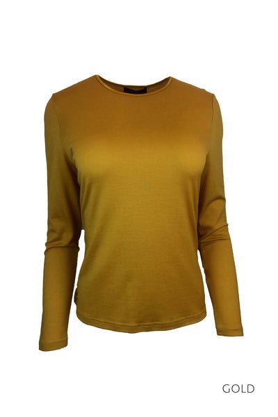 EBONY_WOMENS 100% MERINO (210) LONG SLEEVE SATIN CREW TOP GOLD _ _ Ebony Boutique NZ