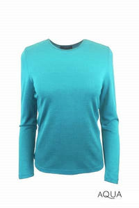 EBONY_WOMENS 100% MERINO (210) LONG SLEEVE SATIN CREW TOP AQUA _ _ Ebony Boutique NZ