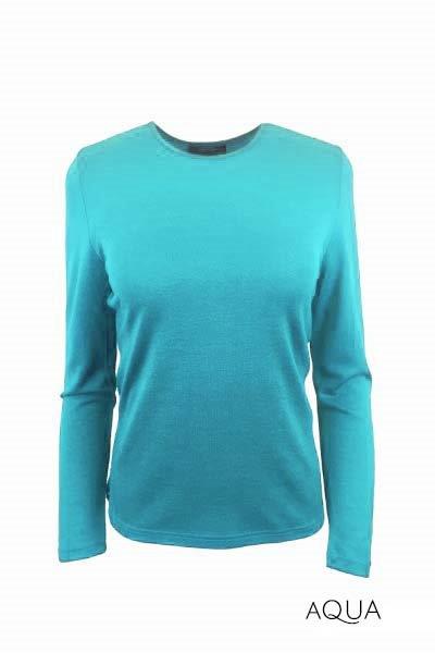 EBONY_WOMENS 100% MERINO (210) LONG SLEEVE SATIN CREW TOP AQUA _ _ Ebony Boutique NZ