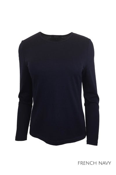 EBONY_WOMENS 100% MERINO (210) LONG SLEEVE SATIN CREW TOP FRENCH NAVY _ _ Ebony Boutique NZ