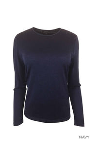 EBONY_WOMENS 100% MERINO (210) LONG SLEEVE SATIN CREW TOP NAVY _ _ Ebony Boutique NZ