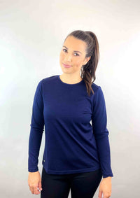 EBONY_WOMENS 100% MERINO (210) LONG SLEEVE SATIN CREW TOP NAVY _ _ Ebony Boutique NZ